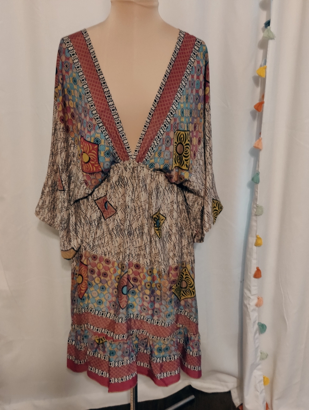 LUZ tribal Silk Kimono Dress deep V bold colors & print Resort Mini S - Picture 10 of 10